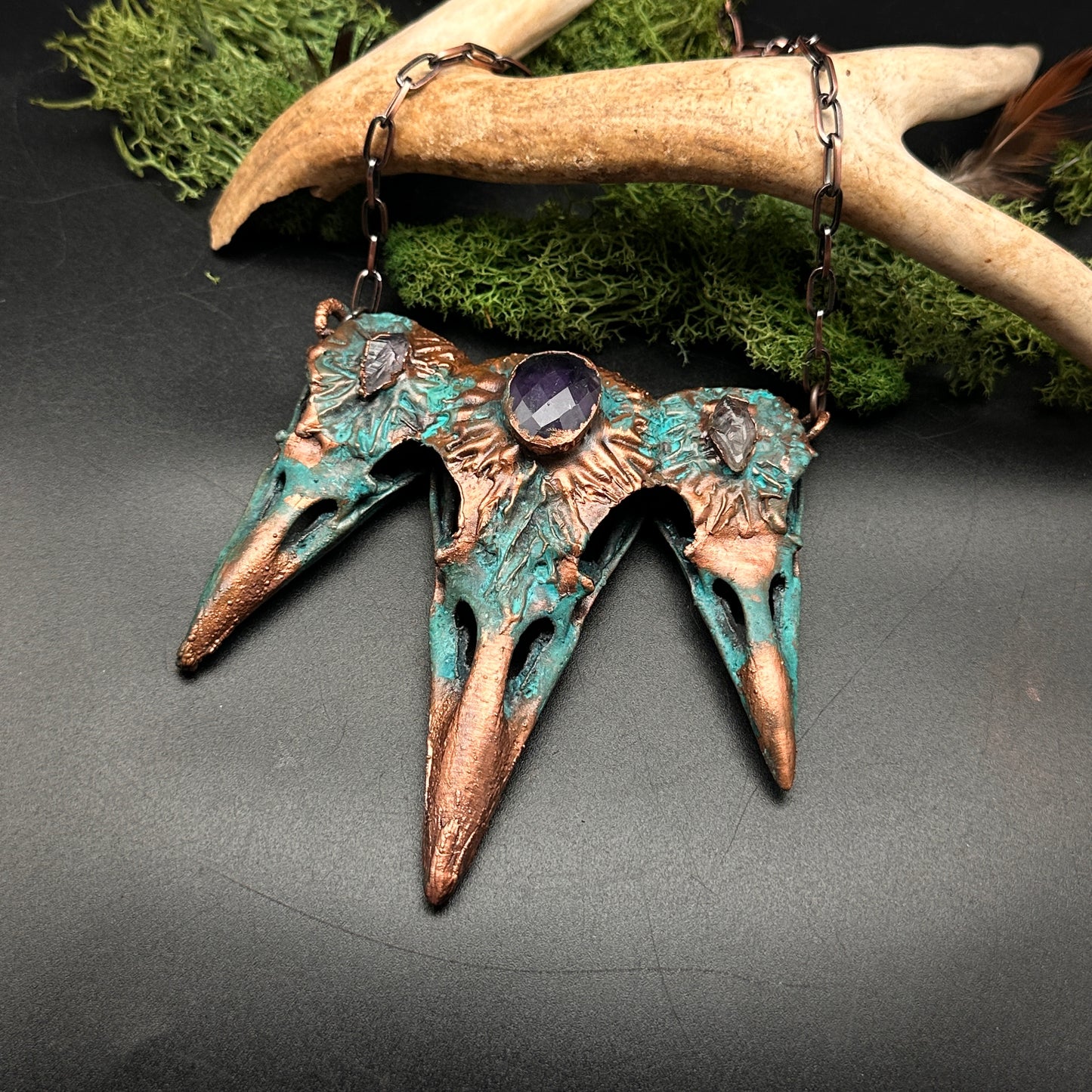 Royalty ~ Tri-Raven Copper Electroformed Necklace