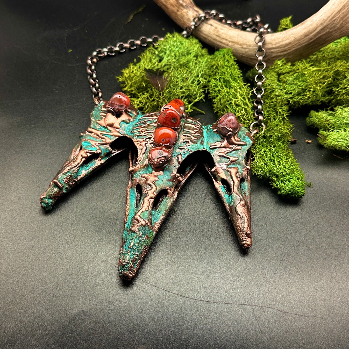 Coven ~ Tri-Raven Copper Electroformed Necklace
