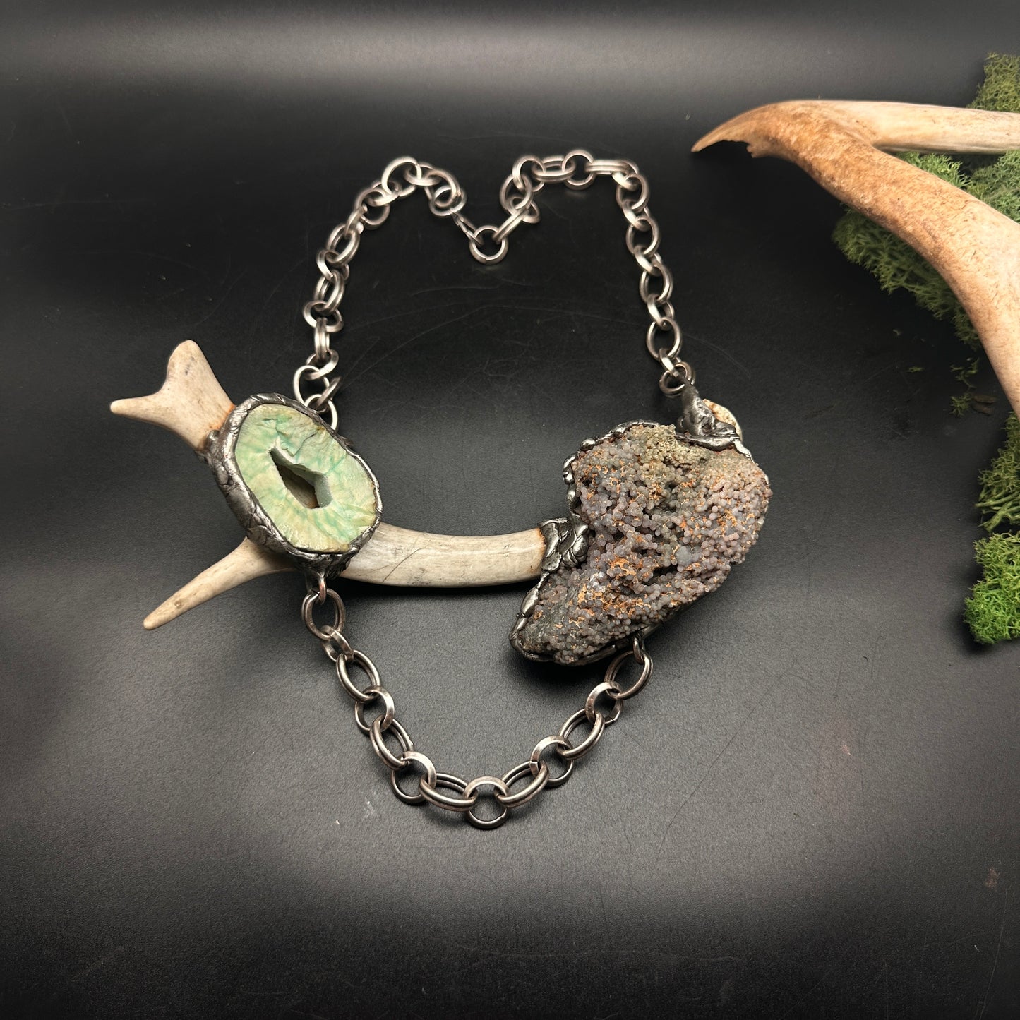 Øzion ~ Antler Necklace With Grape Agate & Green Agate