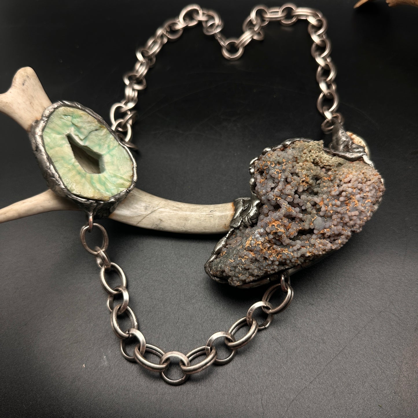 Øzion ~ Antler Necklace With Grape Agate & Green Agate