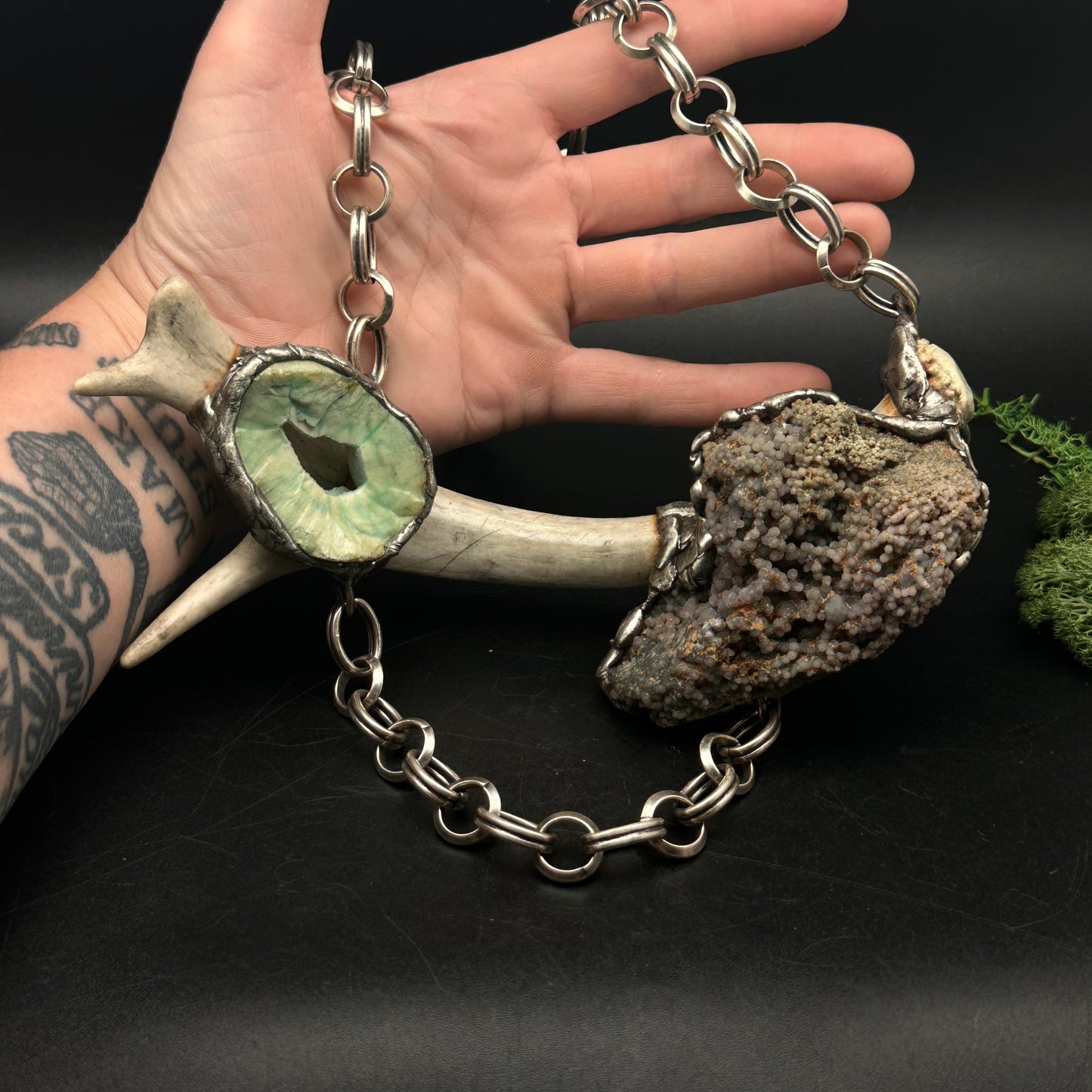 Øzion ~ Antler Necklace With Grape Agate & Green Agate