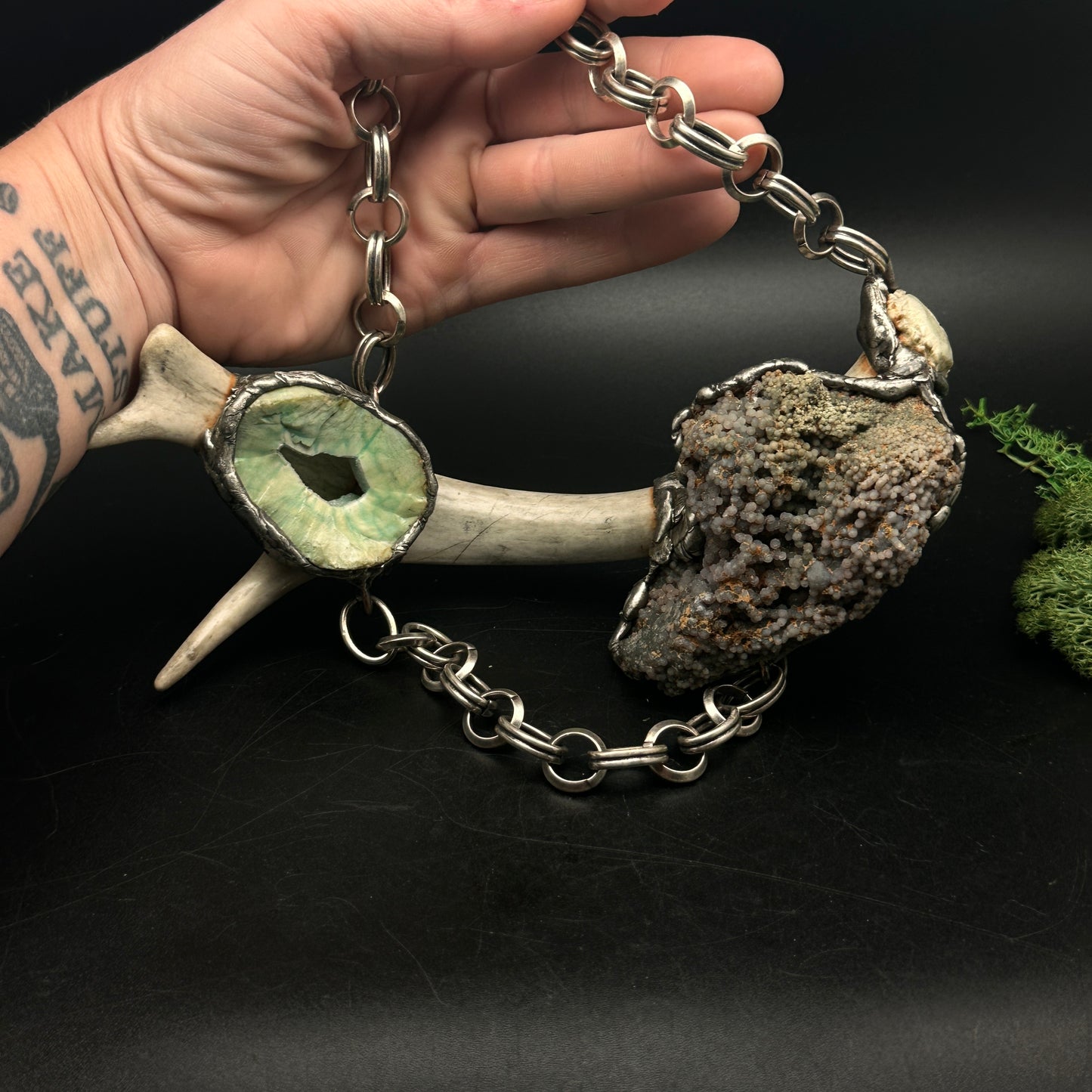 Øzion ~ Antler Necklace With Grape Agate & Green Agate