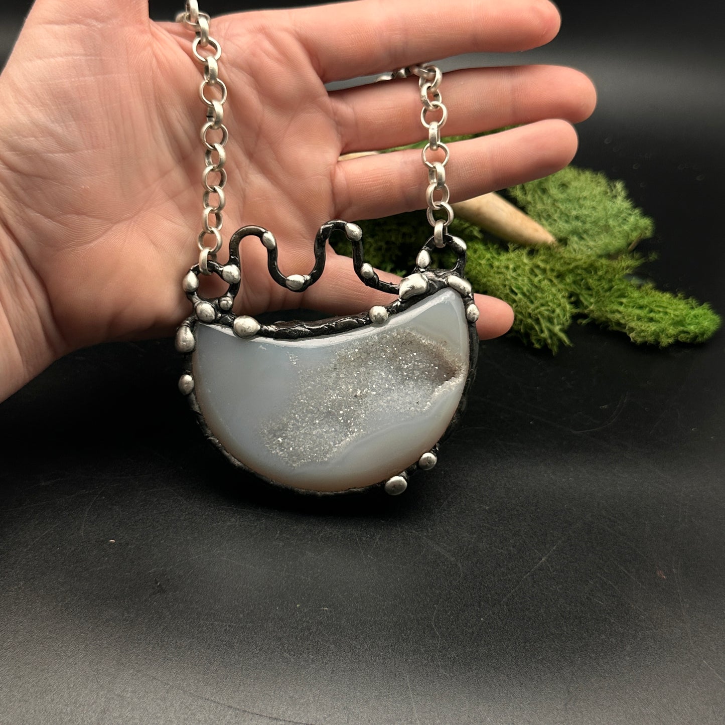 Luz ~ Druzy Agate Moon Necklace