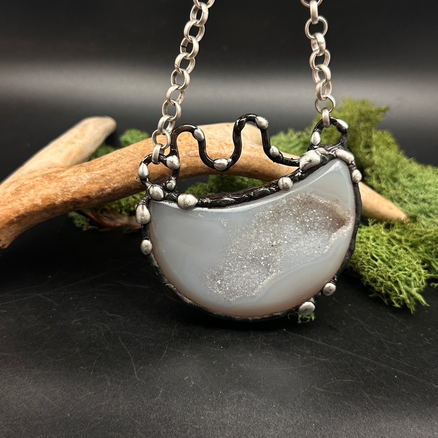 Luz ~ Druzy Agate Moon Necklace