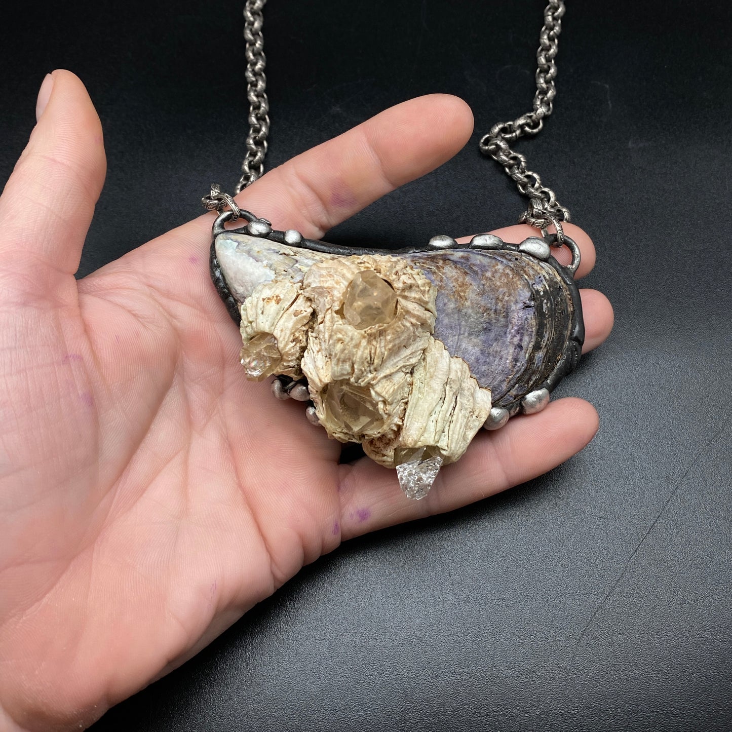Atlantis ~ Maine Mussel Arkansas Quartz Barnacle Necklace