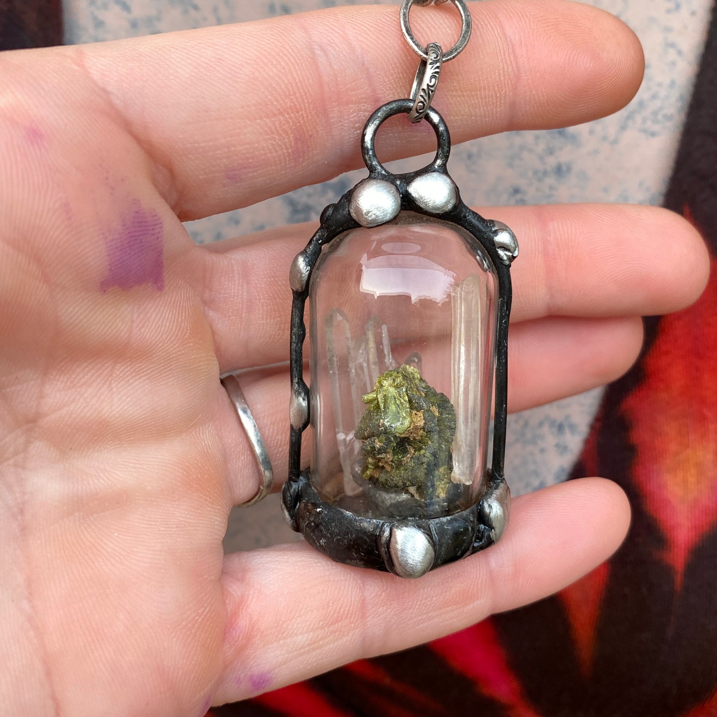 Micro ~ Epidote & Quartz Terrarium Necklace