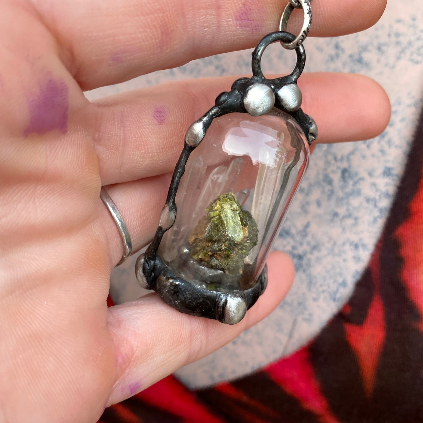 Micro ~ Epidote & Quartz Terrarium Necklace