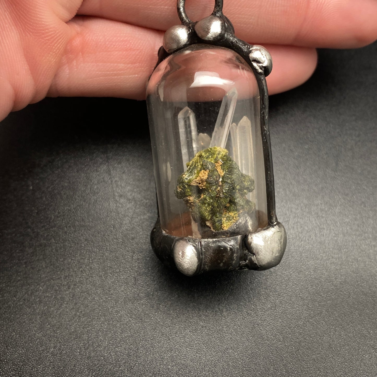Micro ~ Epidote & Quartz Terrarium Necklace