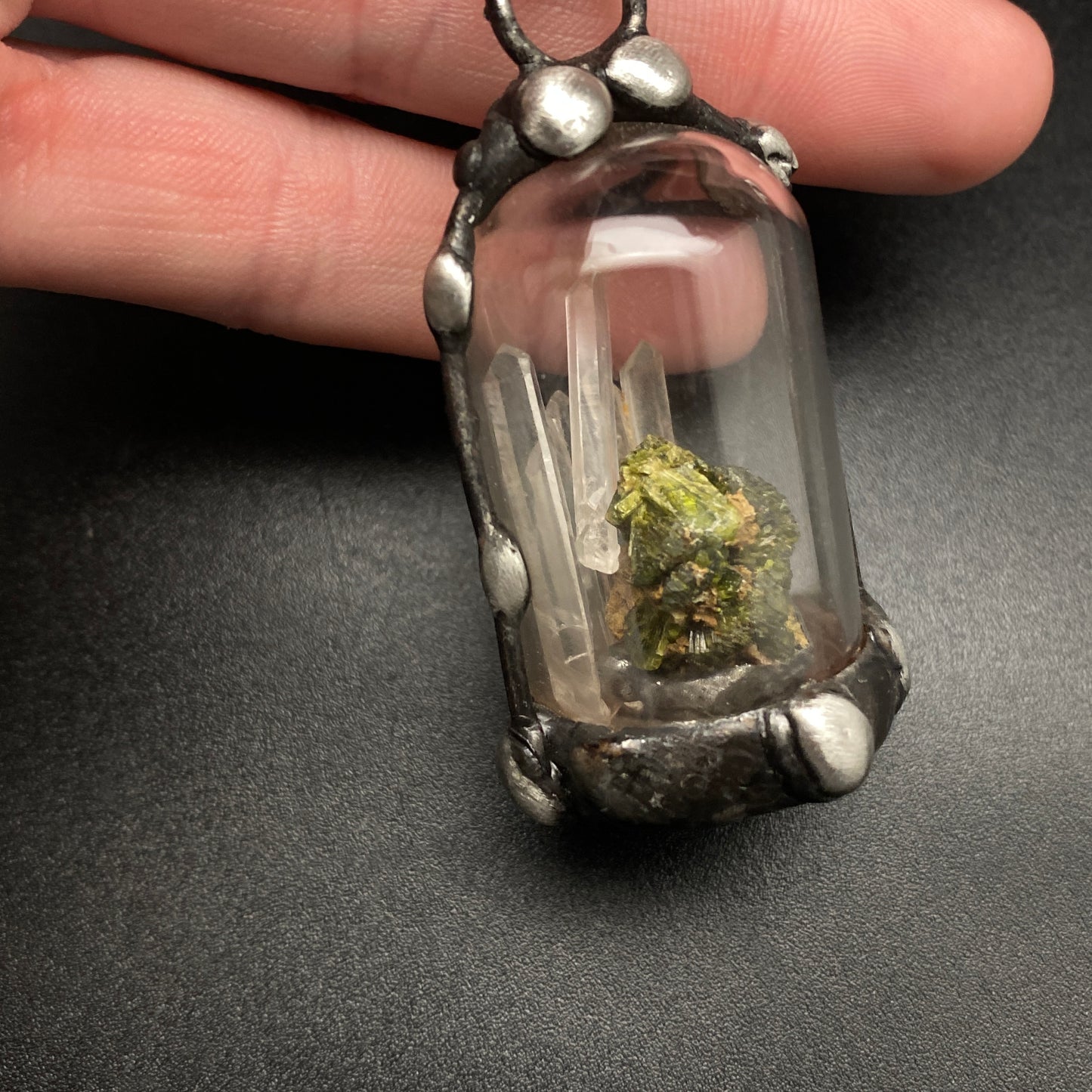 Micro ~ Epidote & Quartz Terrarium Necklace