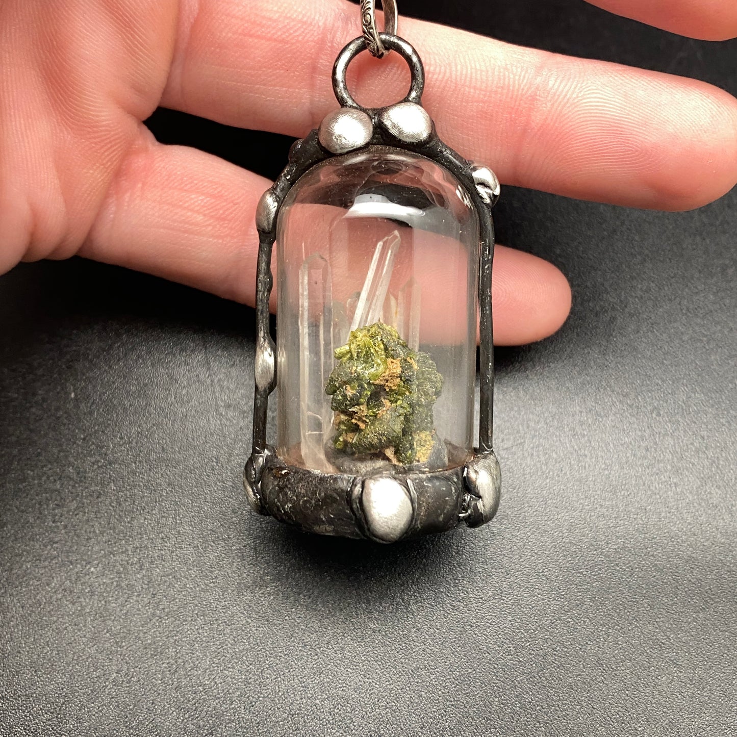 Micro ~ Epidote & Quartz Terrarium Necklace