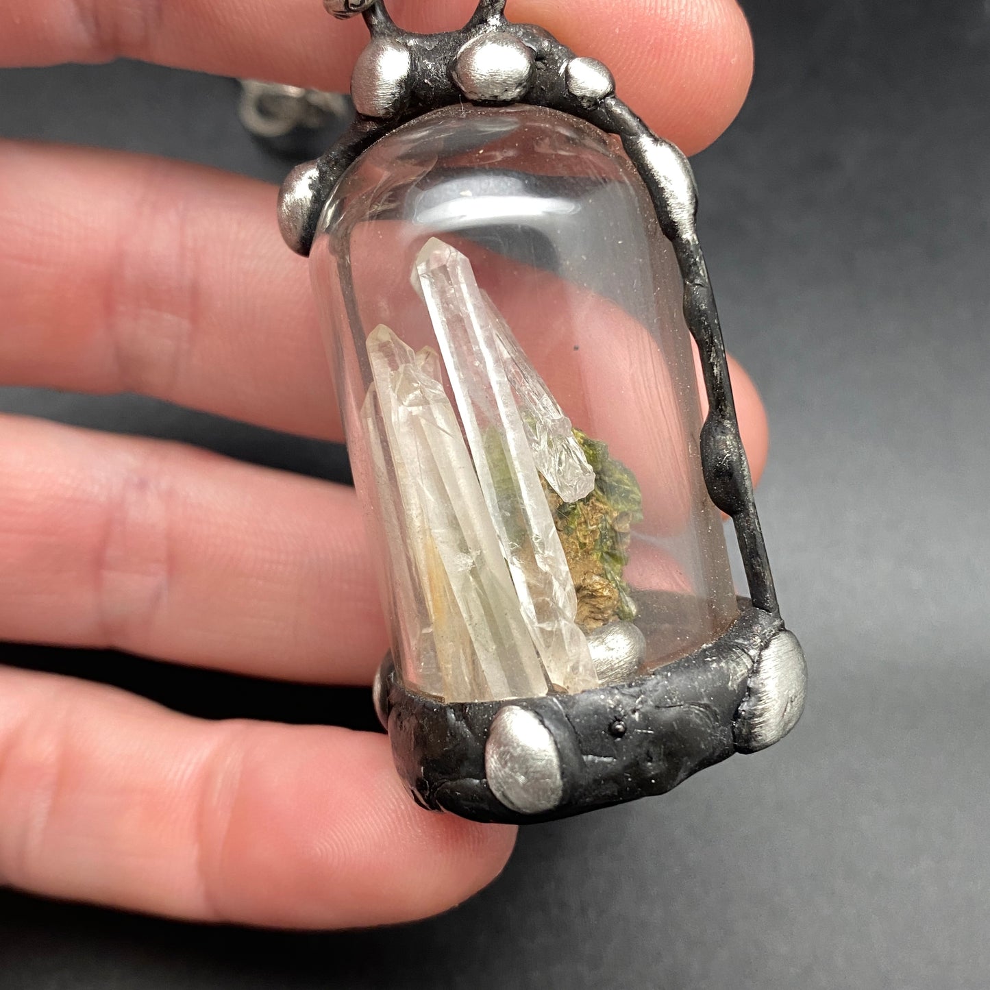 Micro ~ Epidote & Quartz Terrarium Necklace
