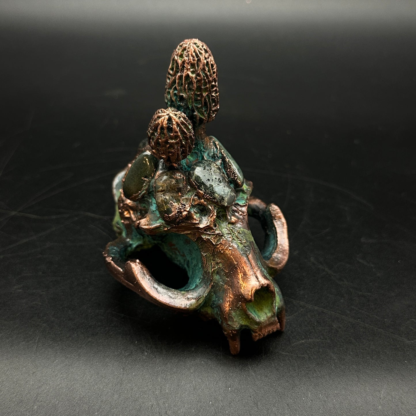 Forest Familiar ~ Cat Skull w/ Morels & Moss Agate