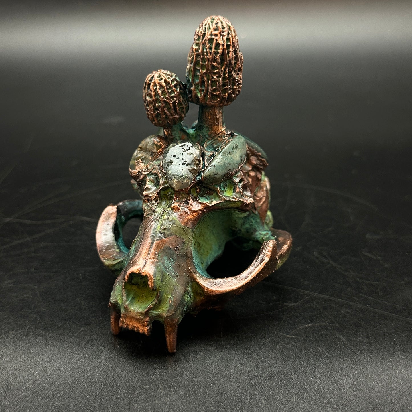 Forest Familiar ~ Cat Skull w/ Morels & Moss Agate