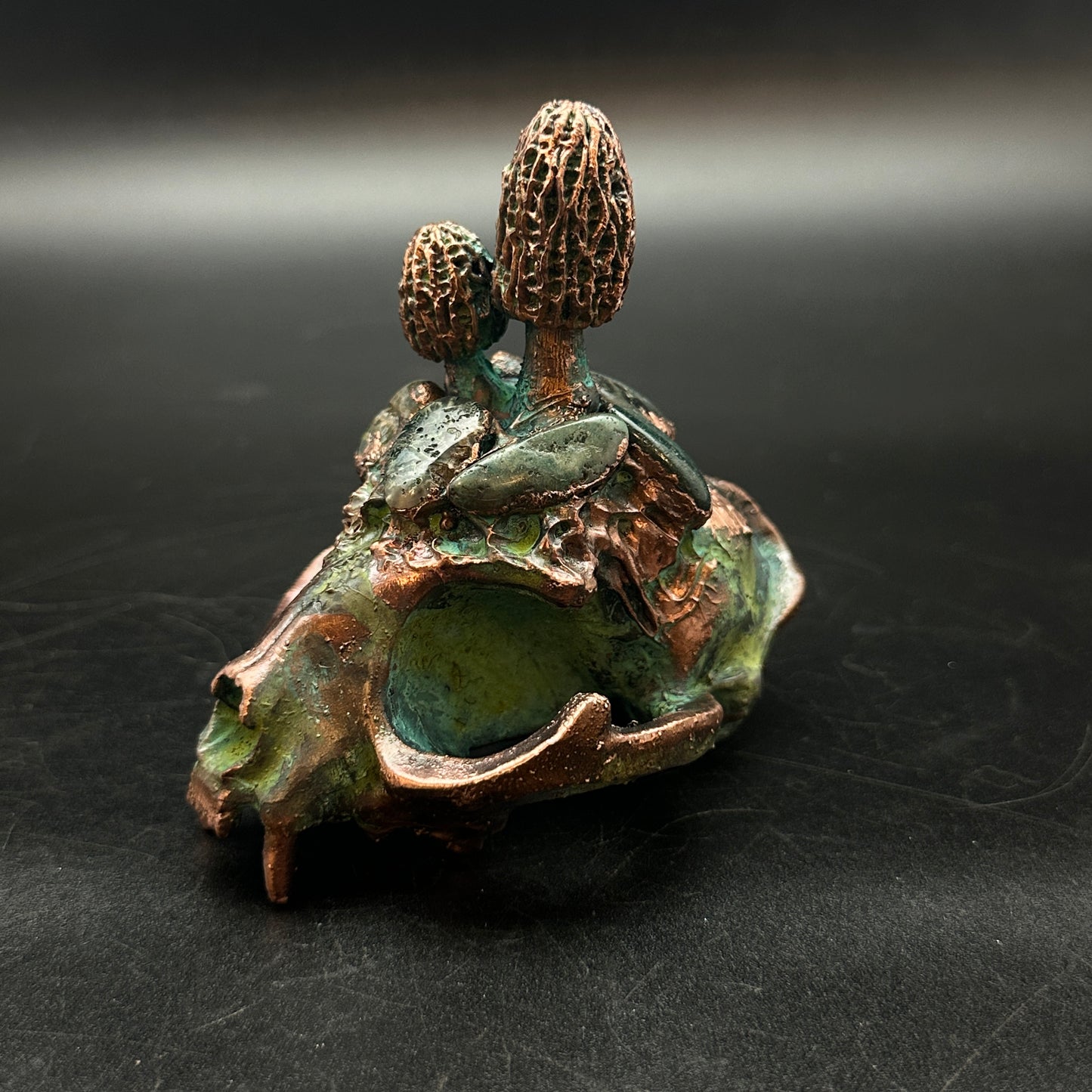 Forest Familiar ~ Cat Skull w/ Morels & Moss Agate