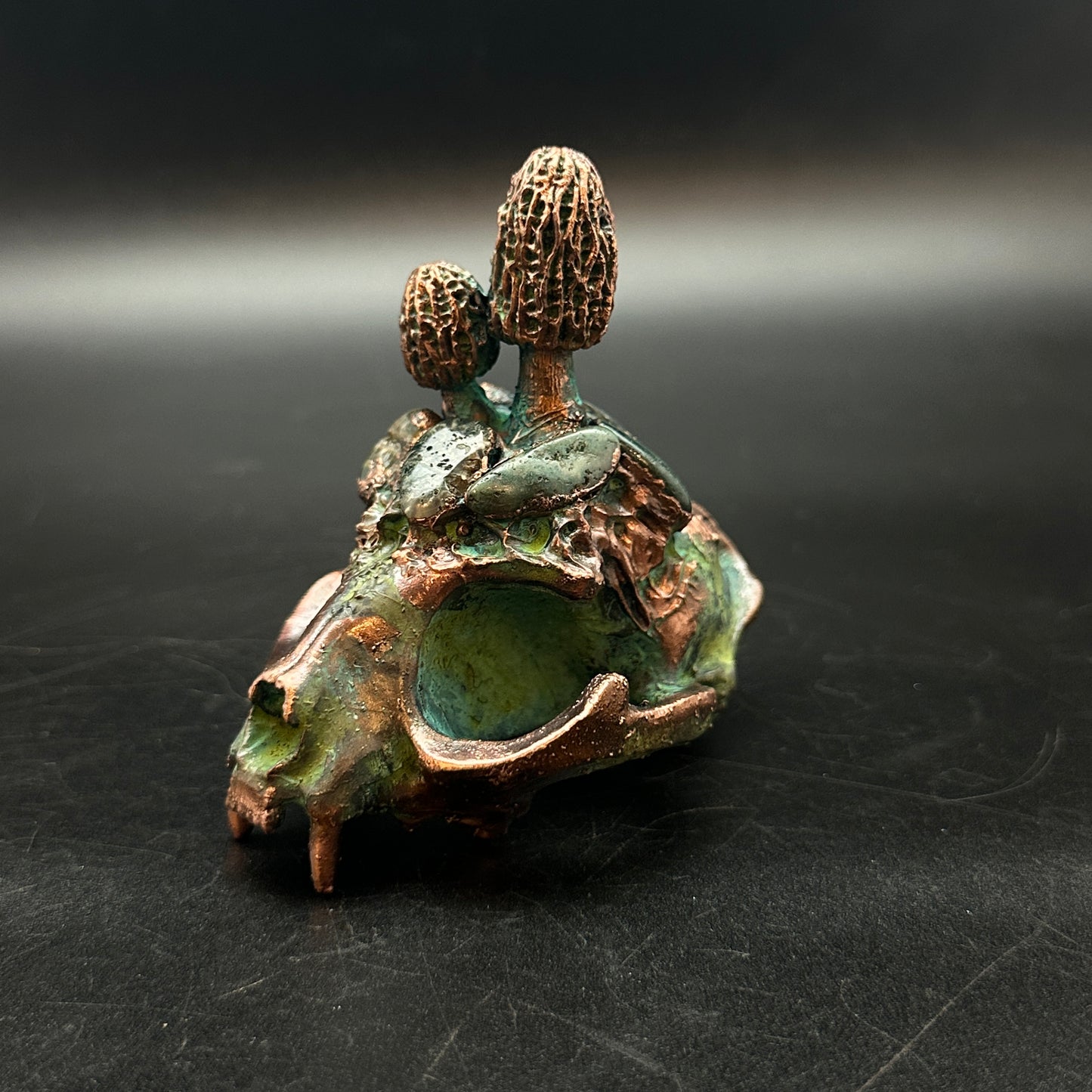 Forest Familiar ~ Cat Skull w/ Morels & Moss Agate