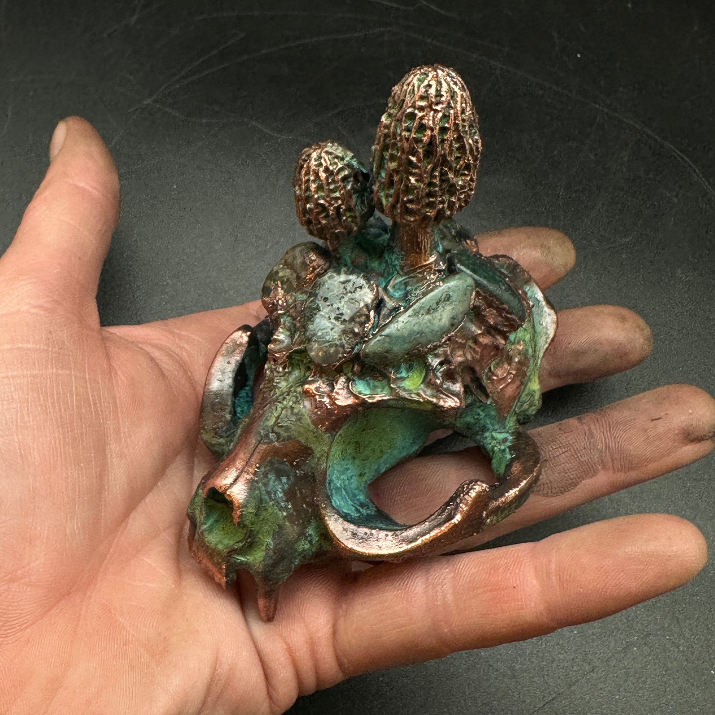 Forest Familiar ~ Cat Skull w/ Morels & Moss Agate
