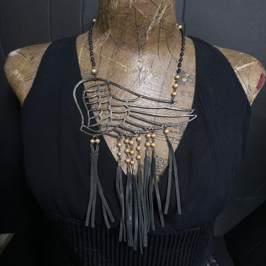 Fallen Angel ~ Wing Necklace with Leather & Pearls