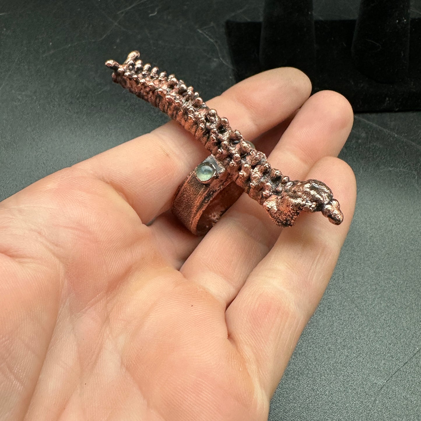 Size 10 1/2 ~ Human Spine Ring Labradorite ~ Copper Electroformed