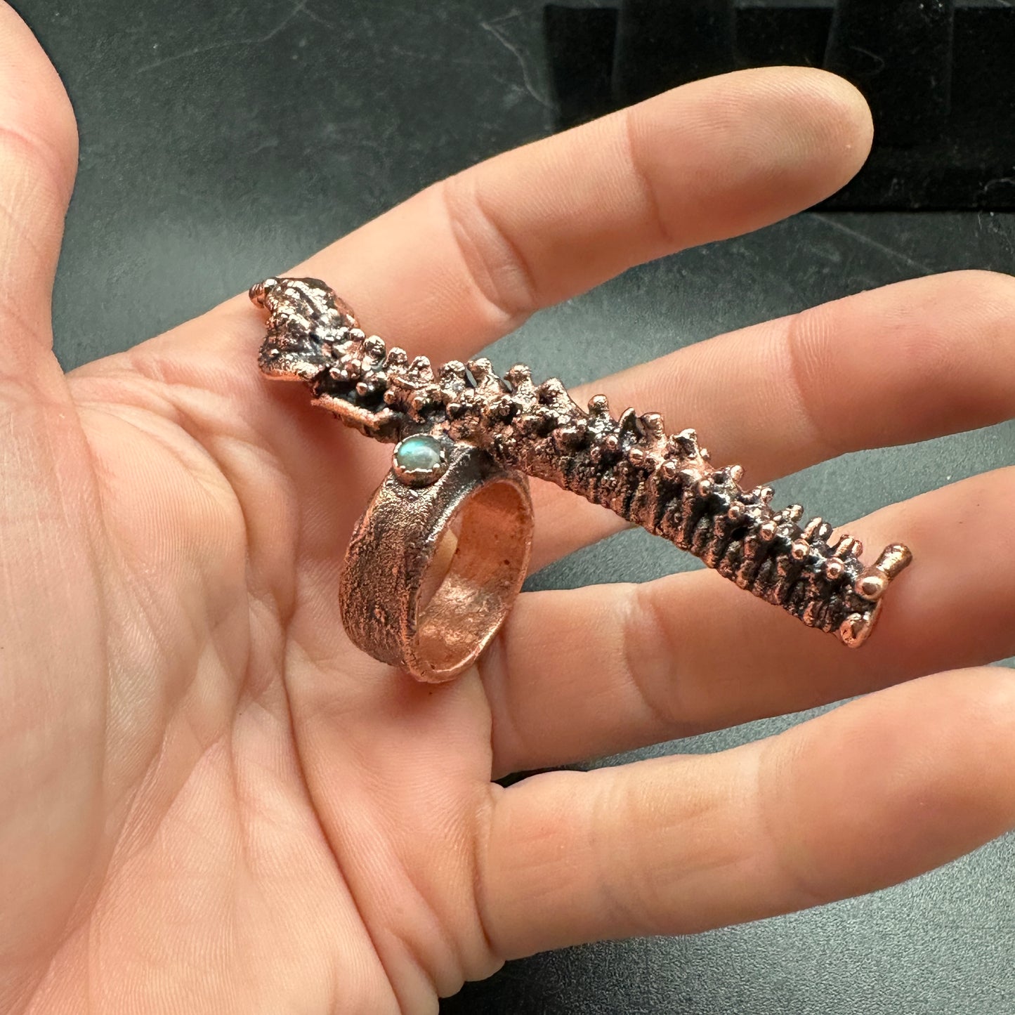 Size 10 1/2 ~ Human Spine Ring Labradorite ~ Copper Electroformed