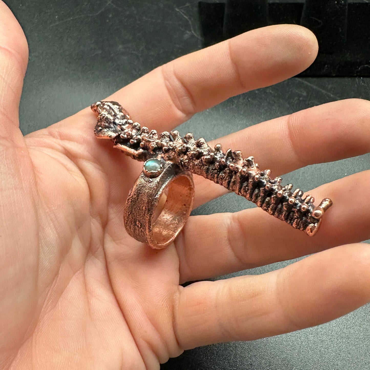 Size 10 1/2 ~ Human Spine Ring Labradorite ~ Copper Electroformed