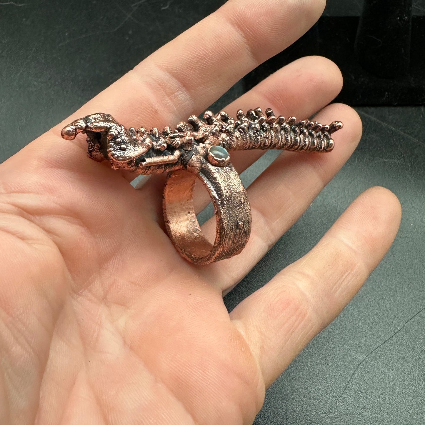 Size 10 1/2 ~ Human Spine Ring Labradorite ~ Copper Electroformed