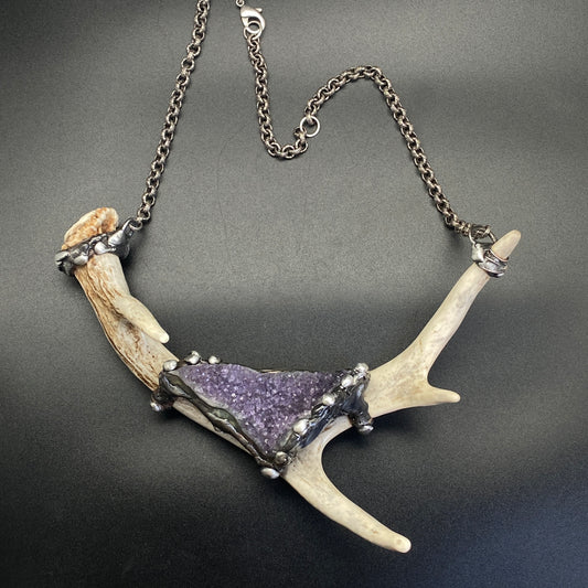 Ødjer ~ Antler & Amethyst Druzy Crystal Necklace