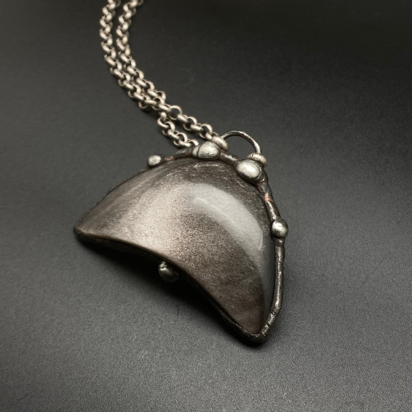 Dark Side Of The Moon ~ Silver Obsidian Half Moon Necklace