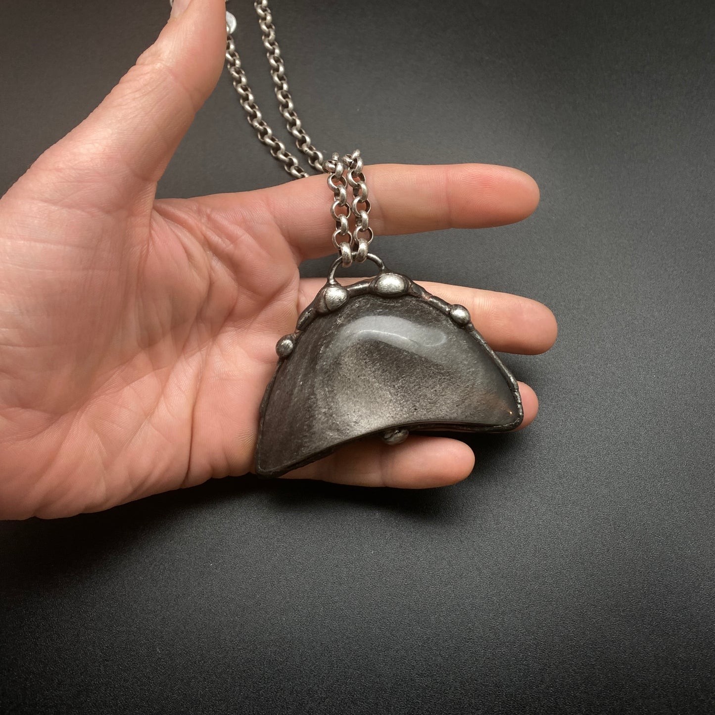 Dark Side Of The Moon ~ Silver Obsidian Half Moon Necklace