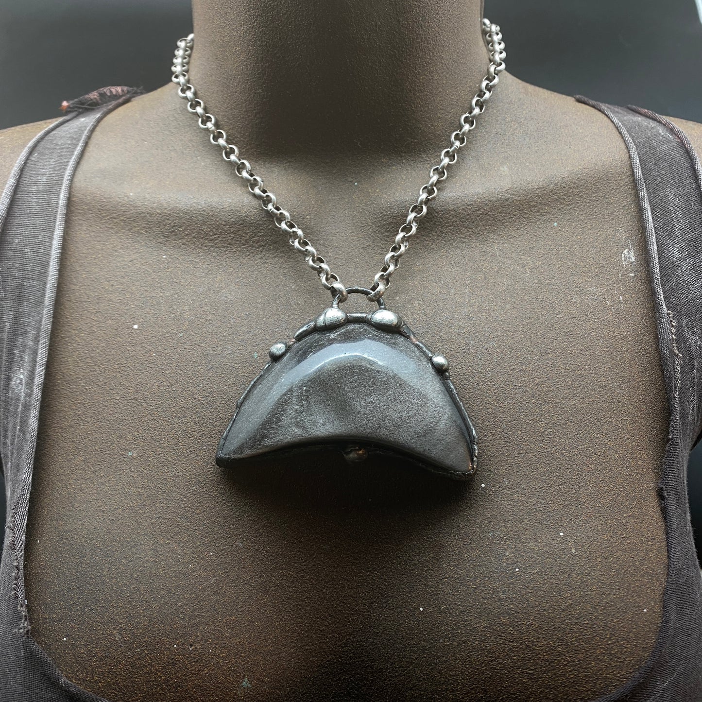 Dark Side Of The Moon ~ Silver Obsidian Half Moon Necklace