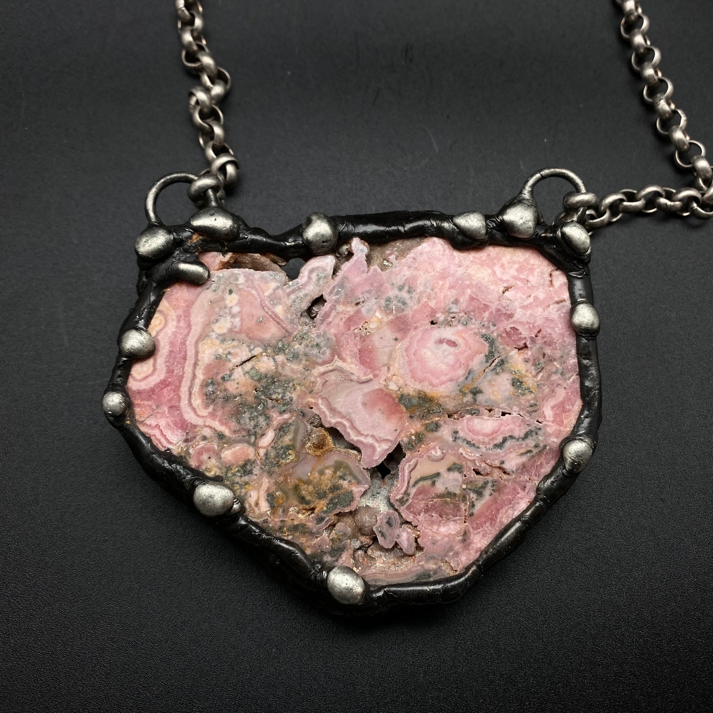 Inca Rose ~ XL Rhodochrosite with Pyrite Slab Necklace ~ Reversible