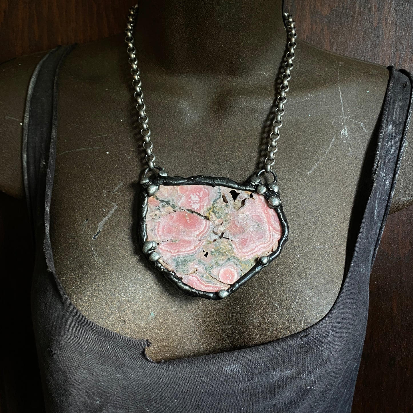 Inca Rose ~ XL Rhodochrosite with Pyrite Slab Necklace ~ Reversible