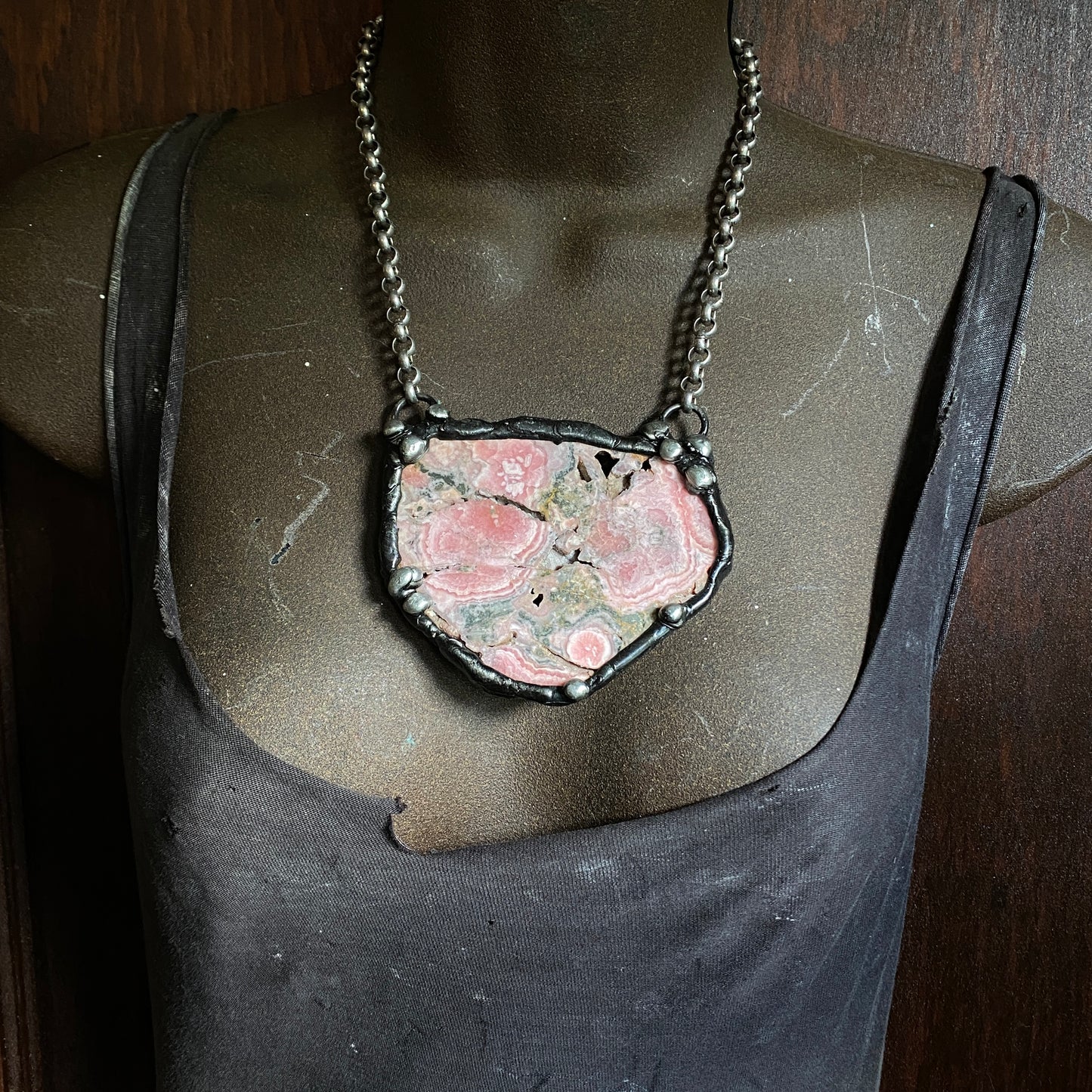 Inca Rose ~ XL Rhodochrosite with Pyrite Slab Necklace ~ Reversible
