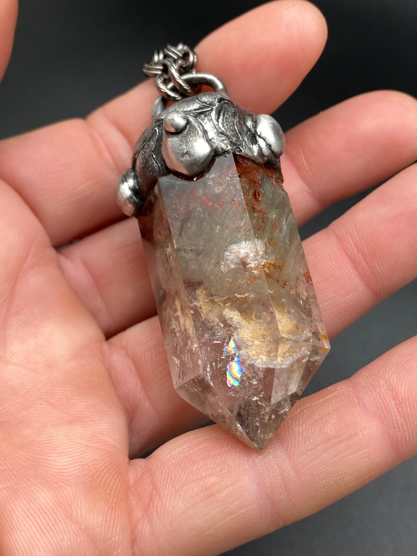 The Glen ~ Lodolite Garden Quartz ~ Polished Prehnite Point Necklace