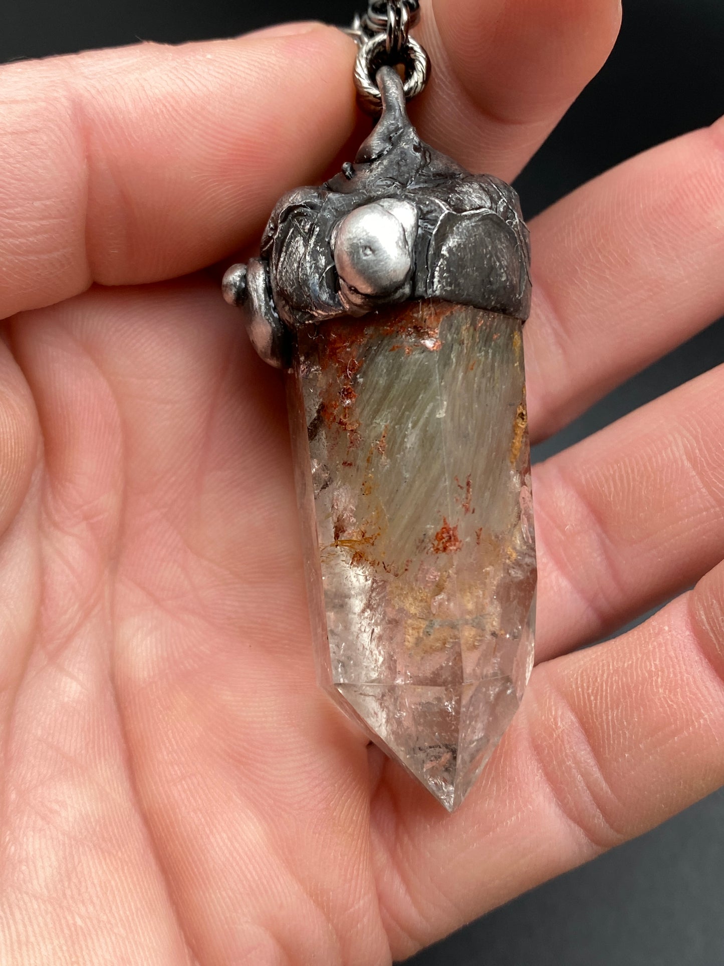 The Glen ~ Lodolite Garden Quartz ~ Polished Prehnite Point Necklace