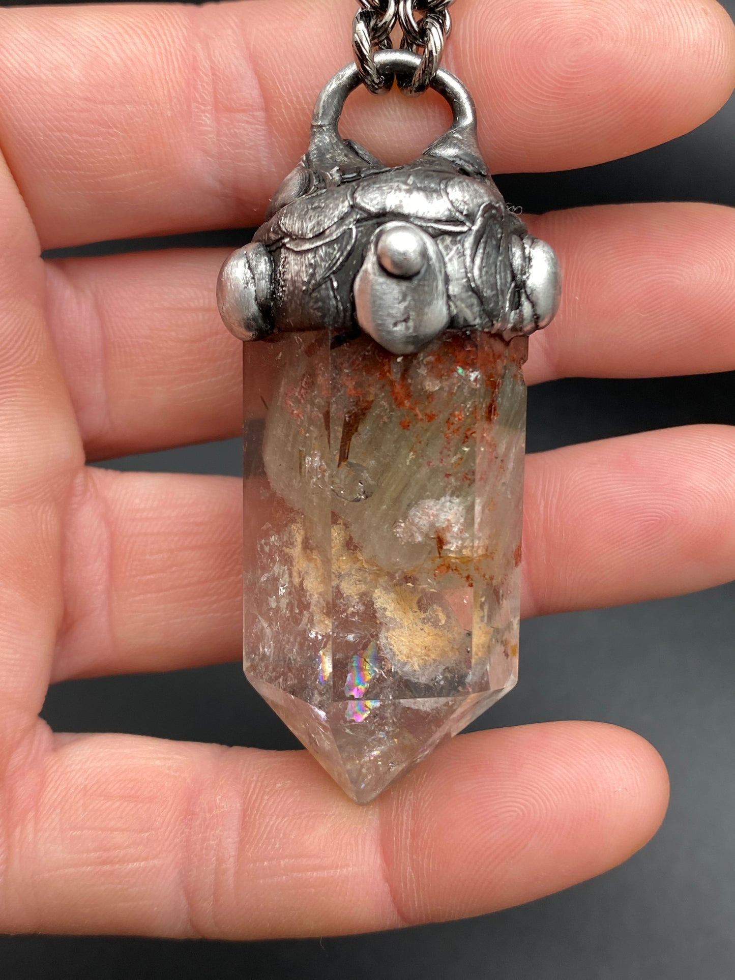 The Glen ~ Lodolite Garden Quartz ~ Polished Prehnite Point Necklace