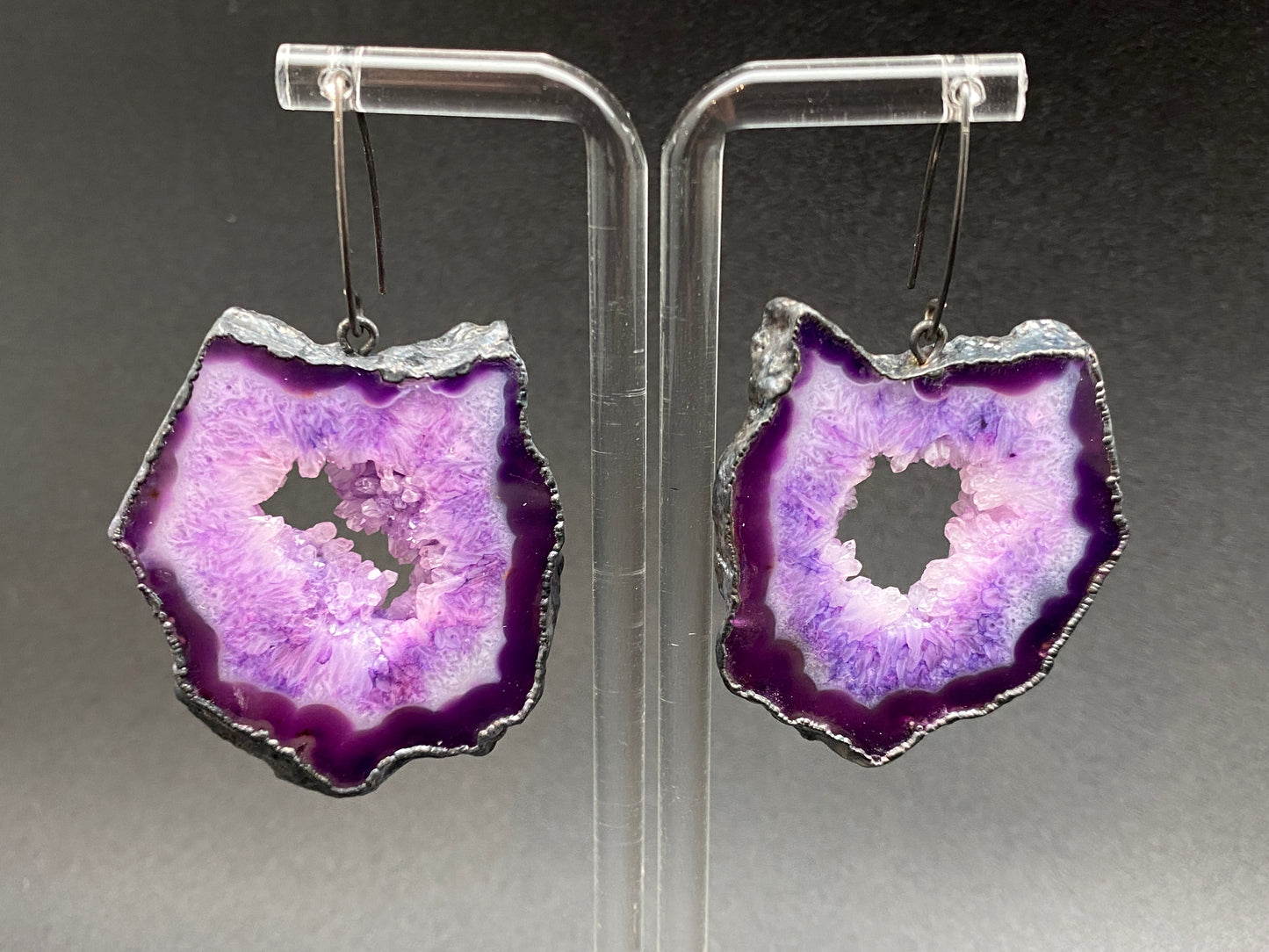 Openings ~ Agate Geode Slice Earrings Oxidized Silver Wires ~ Your Choice