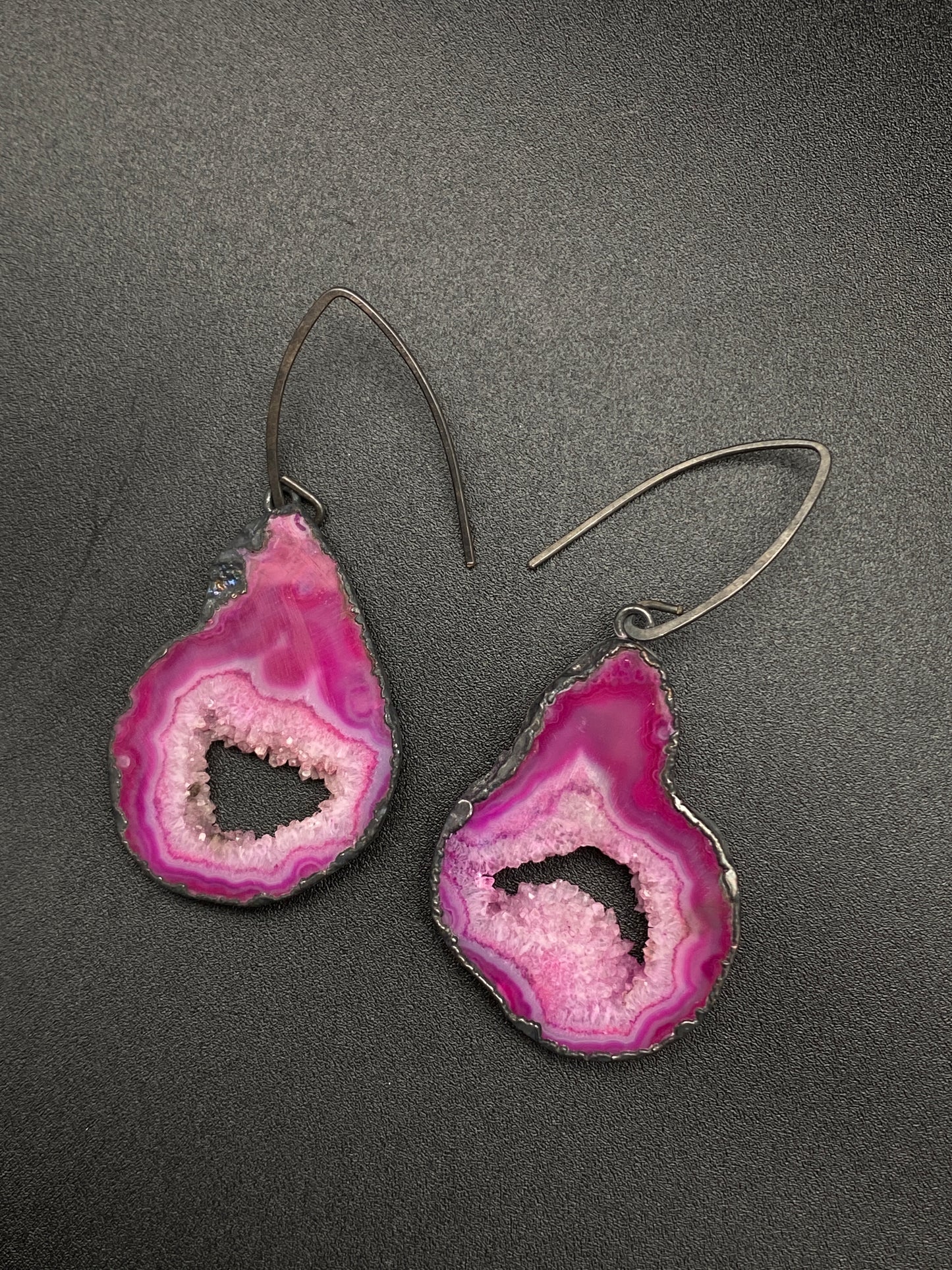 Openings ~ Agate Geode Slice Earrings Oxidized Silver Wires ~ Your Choice