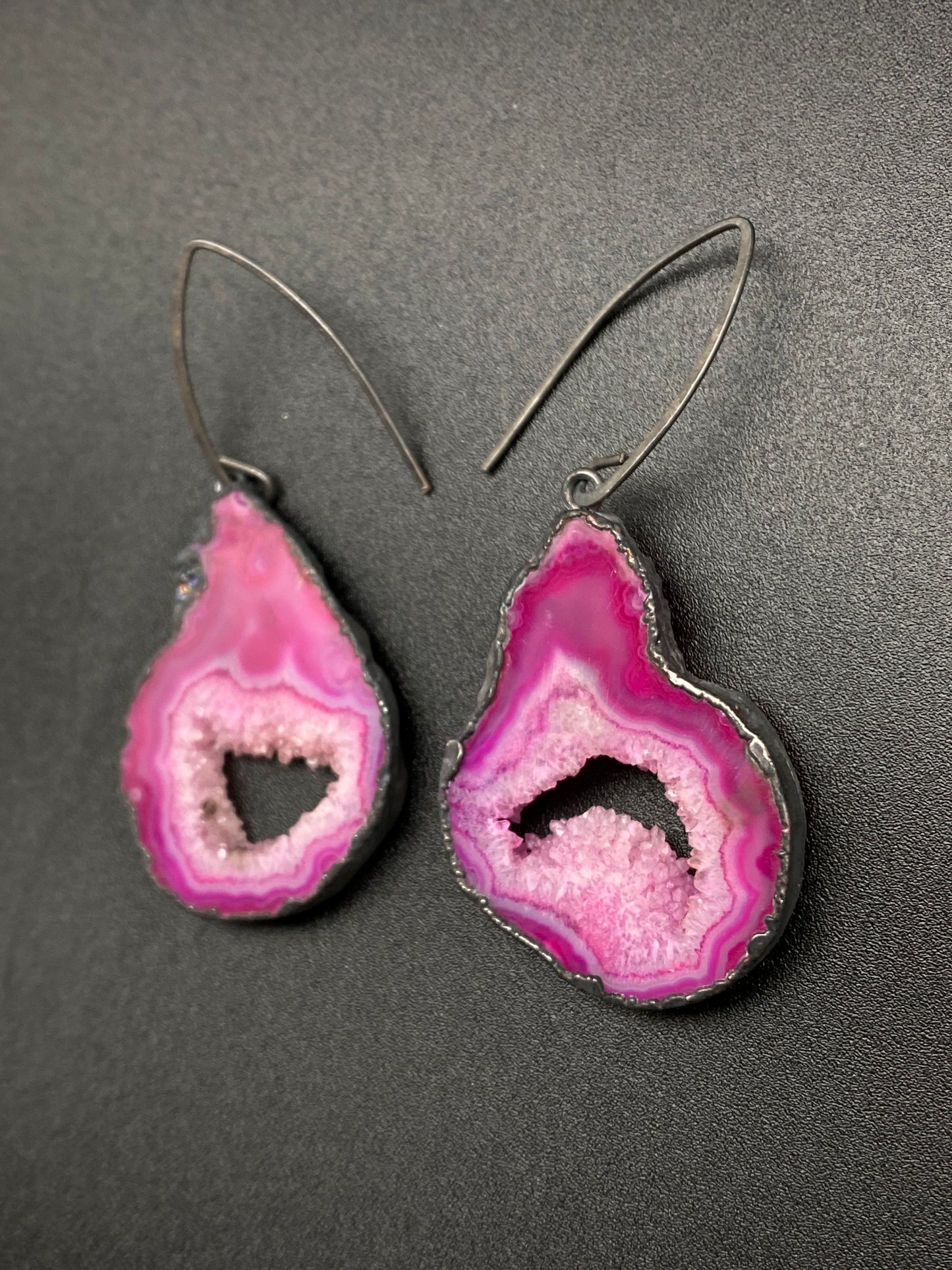 Openings ~ Agate Geode Slice Earrings Oxidized Silver Wires ~ Your Choice