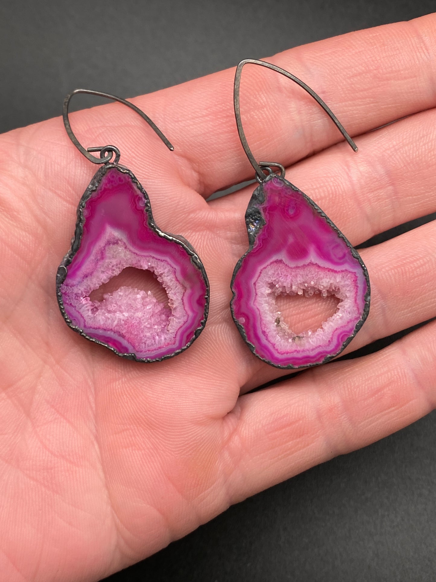 Openings ~ Agate Geode Slice Earrings Oxidized Silver Wires ~ Your Choice