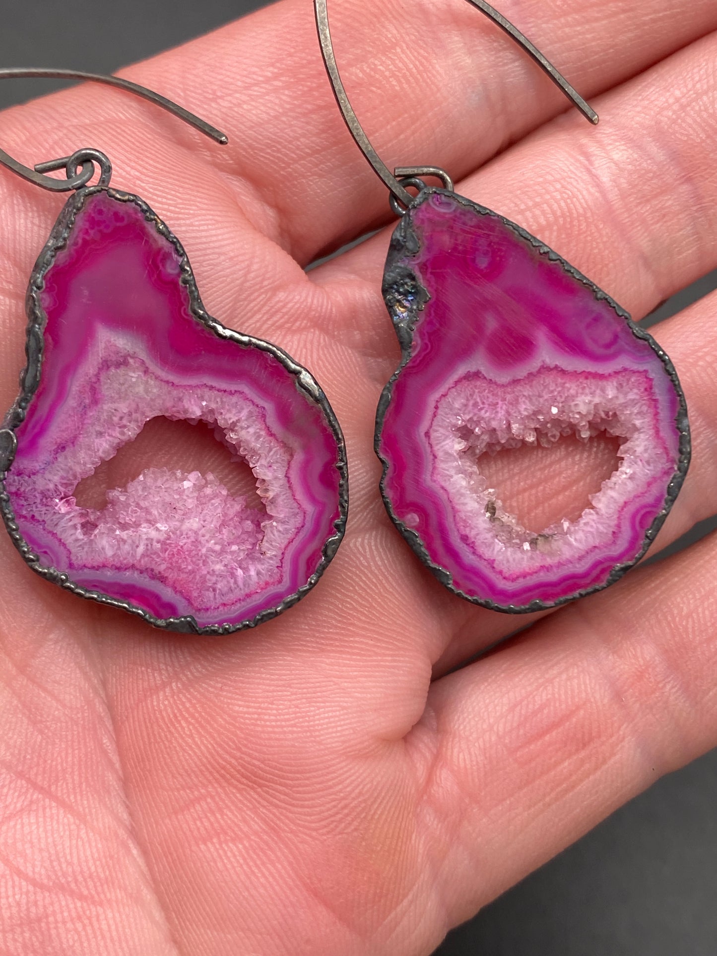 Openings ~ Agate Geode Slice Earrings Oxidized Silver Wires ~ Your Choice
