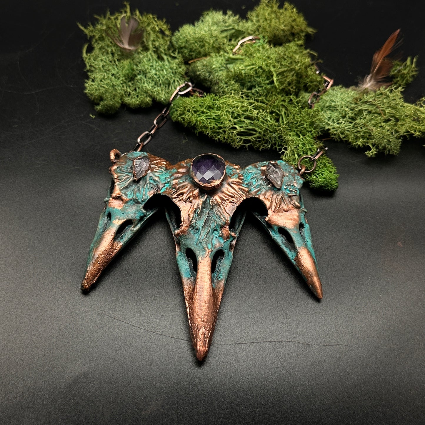 Royalty ~ Tri-Raven Copper Electroformed Necklace