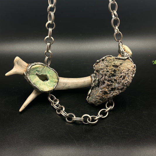 Øzion ~ Antler Necklace With Grape Agate & Green Agate