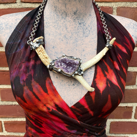 Ødjer ~ Antler & Amethyst Druzy Crystal Necklace