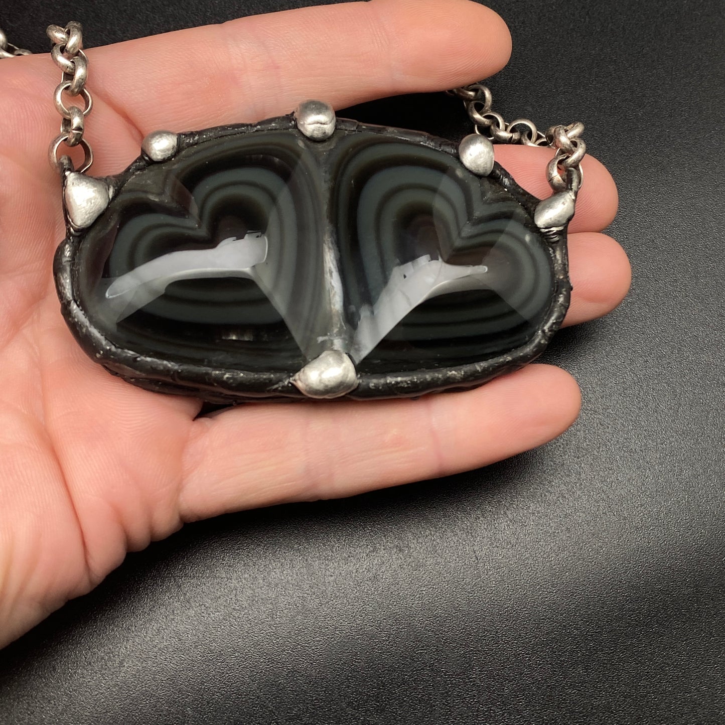 Twin Flame ~ Rainbow Obsidian Double Heart Necklace