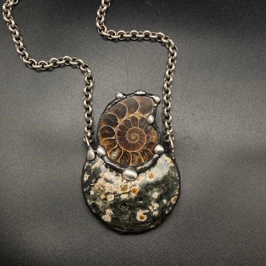 Water Moon ~ Ammonite & Half Moon Jasper Necklace