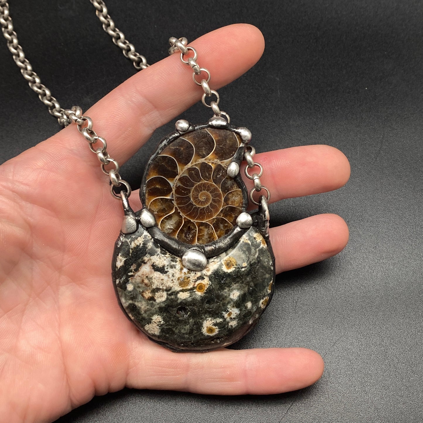 Water Moon ~ Ammonite & Half Moon Jasper Necklace