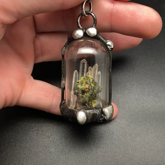 Micro ~ Epidote & Quartz Terrarium Necklace