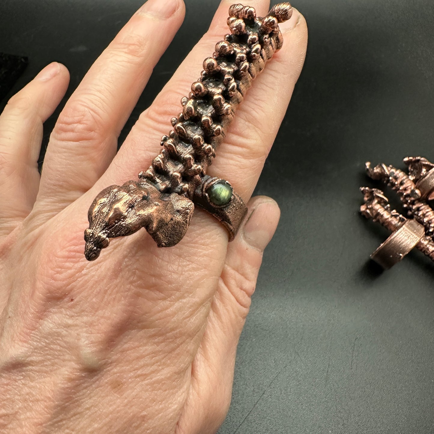 8 1/2 Human Spine Ring Labradorite ~ Copper Electroformed