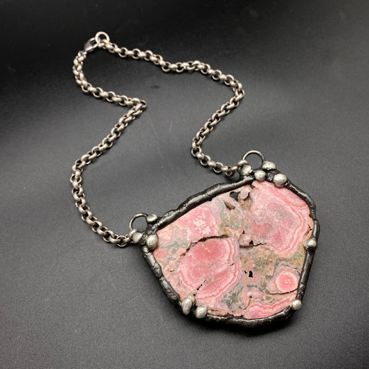 Inca Rose ~ XL Rhodochrosite with Pyrite Slab Necklace ~ Reversible