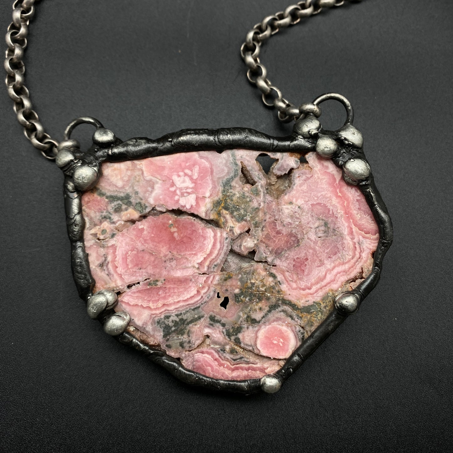 Inca Rose ~ XL Rhodochrosite with Pyrite Slab Necklace ~ Reversible